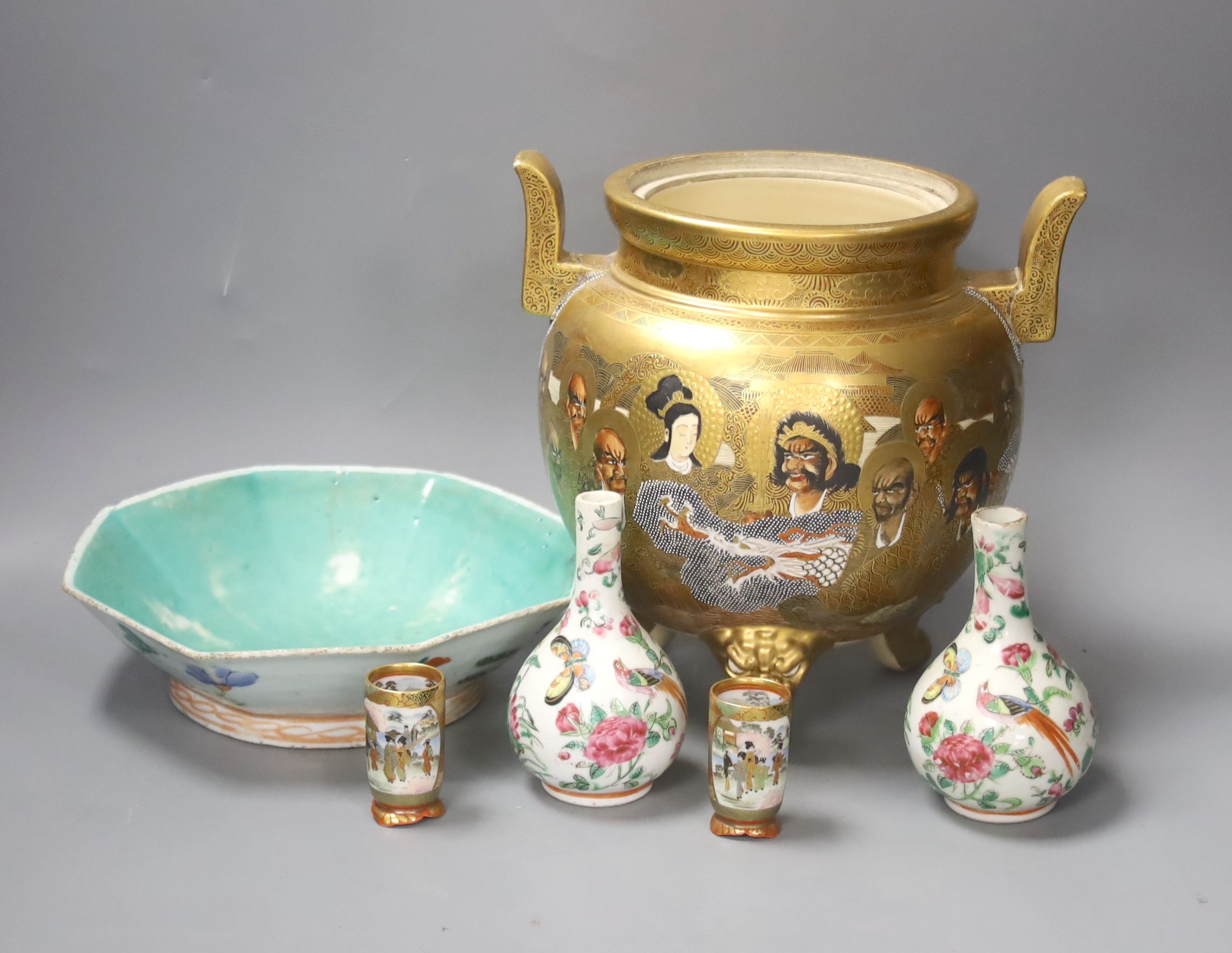 A Chinese famille rose octagonal dish and two small bottle vases and a Japanese Satsuma pottery koro and a similar pair of Kutani miniature vases group of oriental ceramics (6)